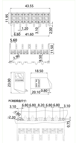 柵板式端子臺(tái)GT2.5-680-06P(圖1)